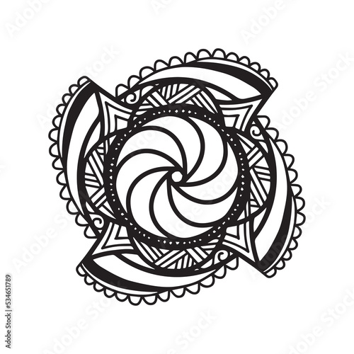 Circular mandala black and white pattern, decorated with Bohemian cool mandala art, henna flowers, Mehndi rite and monochrome symmetric. Coloring book page mandal, Anti-stress therapy. 