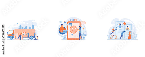 Team of volunteers giving help boxes to refuges and humanitarian aid van, Internet troll quarreling and upsetting user online and tablet with troll face, Modeling agency manager and photographer take 