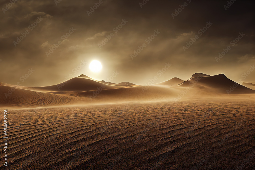 Dramatic sand storm in desert. Abstract background. Digital art. 3d illustration - obrazy, fototapety, plakaty 