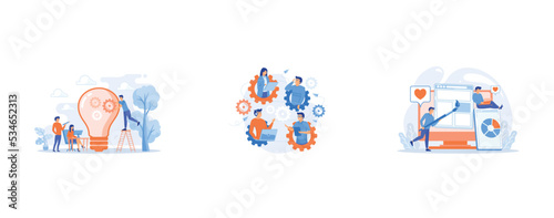 People working in friendly open space workplace, IT team members working as one mechanizm, People drawing web page elements on the smartphone and LCD screen, set flat vector modern illustration
