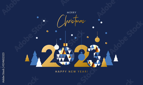 Merry Christmas and Happy New Year banner, greeting card, poster, holiday cover. Modern Xmas design in geometric style with triangle pattern, Christmas tree, ball, snow and 2023 number on night blue 