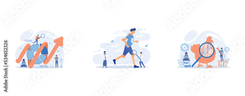 People recording analytics data of the IT project identifying business needs and determining solutions to business problems, Athlete running and tiny people physicians treating injuries, Scientists wo