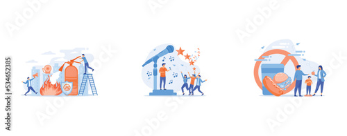 Firefighter extinguishing flame character, news, interviews, music, voice acting, sound recording on the radio into a microphone, teamwork,a group of people dancing and having fun to the music, Tiny p