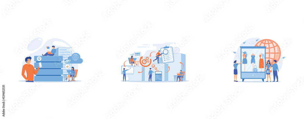 Internet users with proxy server using big data, Workforce organization and management, Recyclable and eco textile, set flat vector modern illustration Internet users with proxy server using big data, Workforce organization and management, Recyclable and eco textile, set flat vector modern illustration