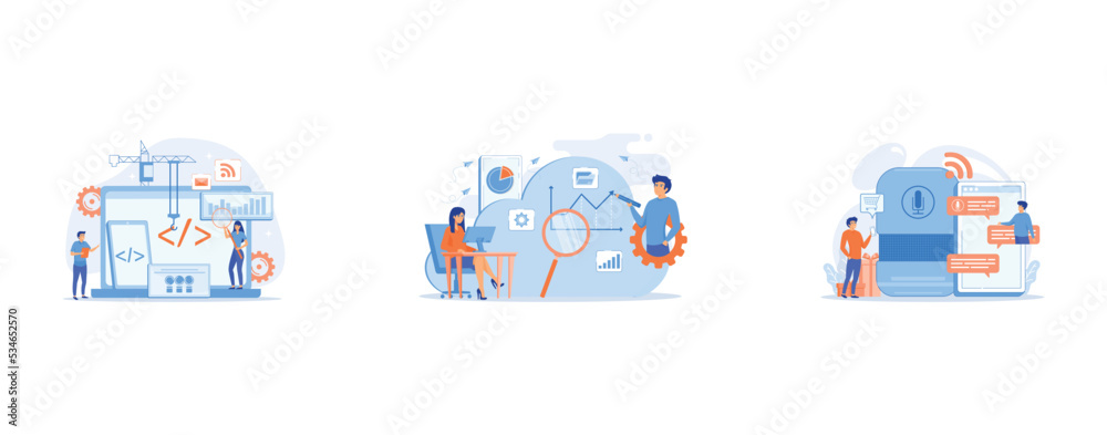 Engineer and developer with laptop and tablet code, Developers drawing chart, monitoring applications, Customer shopping online, ordering goods and delivery with smart speaker, set flat vector modern Engineer and developer with laptop and tablet code, Developers drawing chart, monitoring applications, Customer shopping online, ordering goods and delivery with smart speaker, set flat vector modern