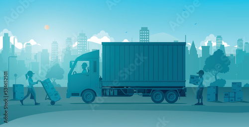 Workers are preparing to deliver goods by truck.