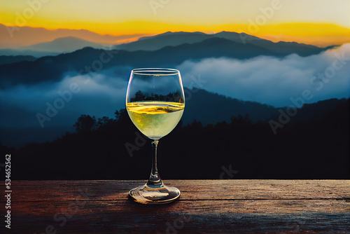 A glass of white wine on a wooden surface against the backdrop of foggy mountains and the rising sun. 3d illustration