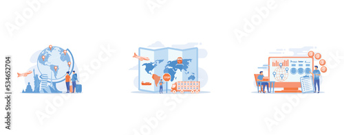 Tourists visiting Europe, America, Asia, Banned products transportation, smuggling, Logistics industry and freight profit analyzing, set flat vector modern illustration photo