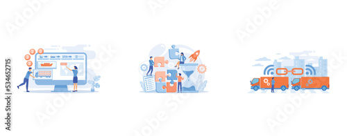 Logistics industry and freight profit analyzing, Project management, Trucks connected into platoon with connectivity technologies, set flat vector modern illustration