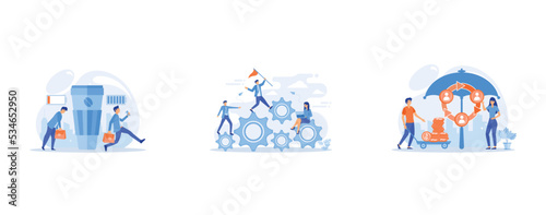 Office worker coffee break, Leadership, Individuals pool their premiums together to insure against a risk, set flat vector modern illustration