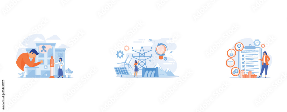 Patient getting medical treatment for dependency on psychoactive substances, Scientist with sustainable development ideas solar panels, hydropower, wind, Manager with checklist creating event plan and
