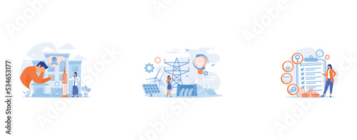 Patient getting medical treatment for dependency on psychoactive substances, Scientist with sustainable development ideas solar panels, hydropower, wind, Manager with checklist creating event plan and