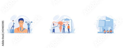 Webinar, Internet lesson, Doctors examine uterus with magnifier to treat endometriosis, Children play in center giving information about treatment of ASD, set flat vector modern illustration