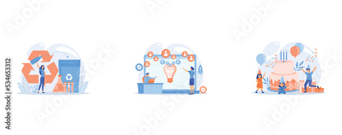 Businesswoman recycling plastic detergent bottle to produce chemicals, Businessman with new project at laptop and people funding it via internet, Happy kids at huge cake with candles and gift boxes ce