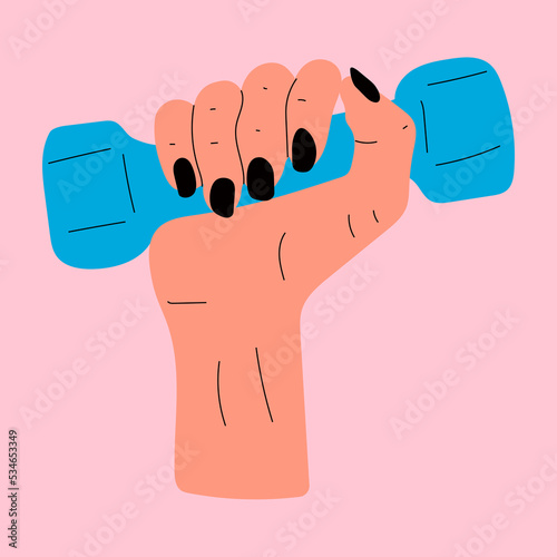 Hands hold dumbbell on white background . Sport revolution concept. Vector colorful illustration in flat design.	