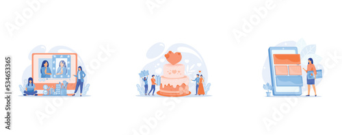 Female user watches beauty blogger showing latest trend makeup tutorial, Bride and groom at wedding party and guests with gifts at big cake, Mobile software optimization, UI, UX development, set flat 