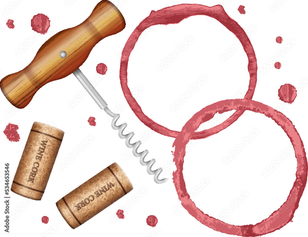 Wine stain cork and corkscrew