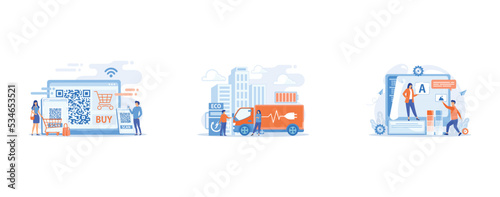Barcode reading app, qrcode reader epayment transaction application, Eco-friendly elecrtic truck with plug charging battery at the charger station, Programmers at computer using low code platform on c