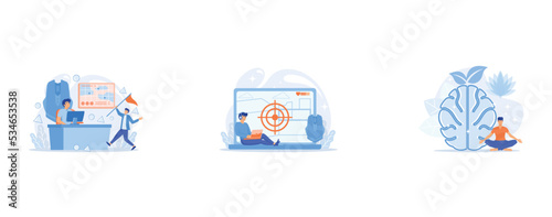 Gamer at computer using tactics to play online strategy game, Gamer in headset with laptop recording video game walkthrough, User practicing mindfulness meditation in lotus pose, set flat vector moder