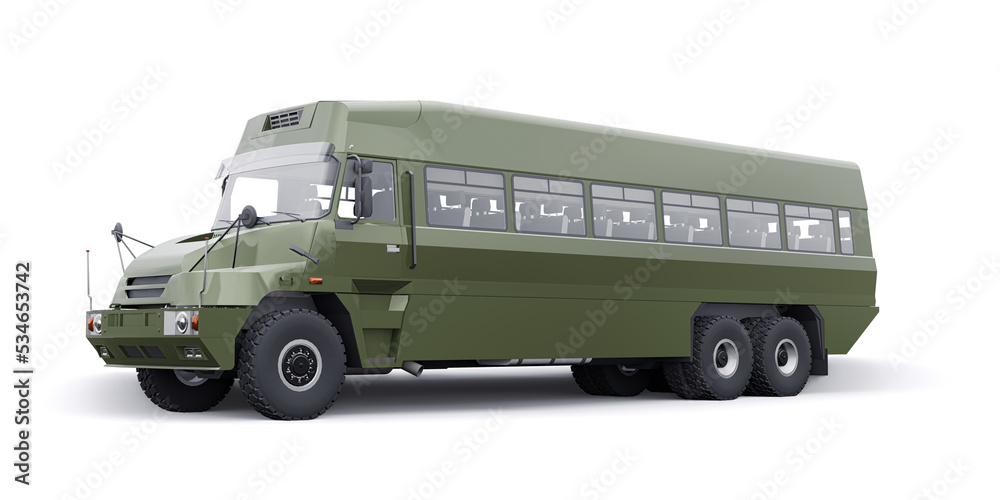 Military army bus for transporting infantry. 3D illustration Military army bus for transporting infantry. 3D illustration