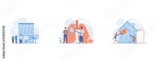 Skilled nurse and elderly people getting around-the-clock nursing care, Male patient with anaphylactic symptoms and doctor with magnifier, Workers with paintbrush and wrench improving the house, set f