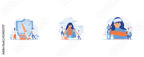 Tiny people doctors and syringe with vaccine, shield, Female patient sneezing, taking a pill from doctor and allergen under magnifier, Sick woman with flu and cold symptoms and doctors, tiny people, s