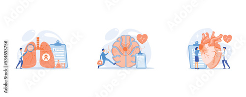 Doctor with magnifier and lungs with skull and crossbones, Huge brain with red circles pain epicenter and doctor running, Doctor with stethoscope listening to huge heart beat, set flat vector modern i