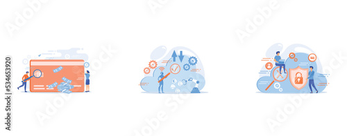 Plastic bank card, microchip and man with magnifier, Robot studying cloud technology through magnifier, Man holding security shield and developer using laptop, set flat vector modern illustration