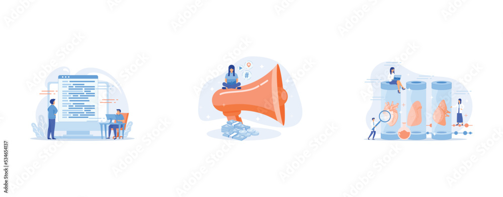 Coding and website development, Content marketing, Growing body parts in science laboratory, set flat vector modern illustration
