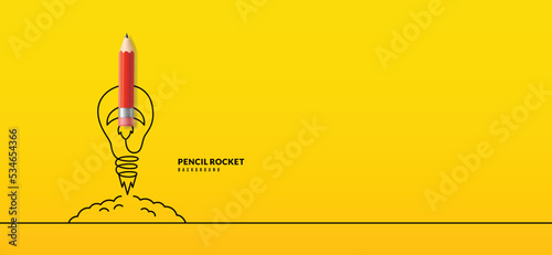Back to School horizontal banner with rocket pencil launching to space. Online courses, learning and tutorials Web page template. Online education concept