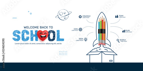 Pencil Rocket launching out from the box infographic, Back to School background, Think outside the box concept
