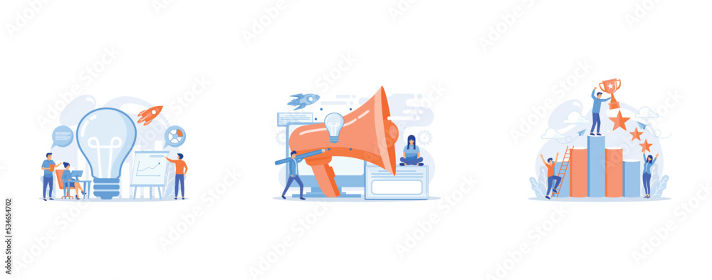 Business team brainstorm, lightbulb and rocket, Designers work on new brand and big megaphone, Key to success and success story, business chance, on the way to success concept on white background, set