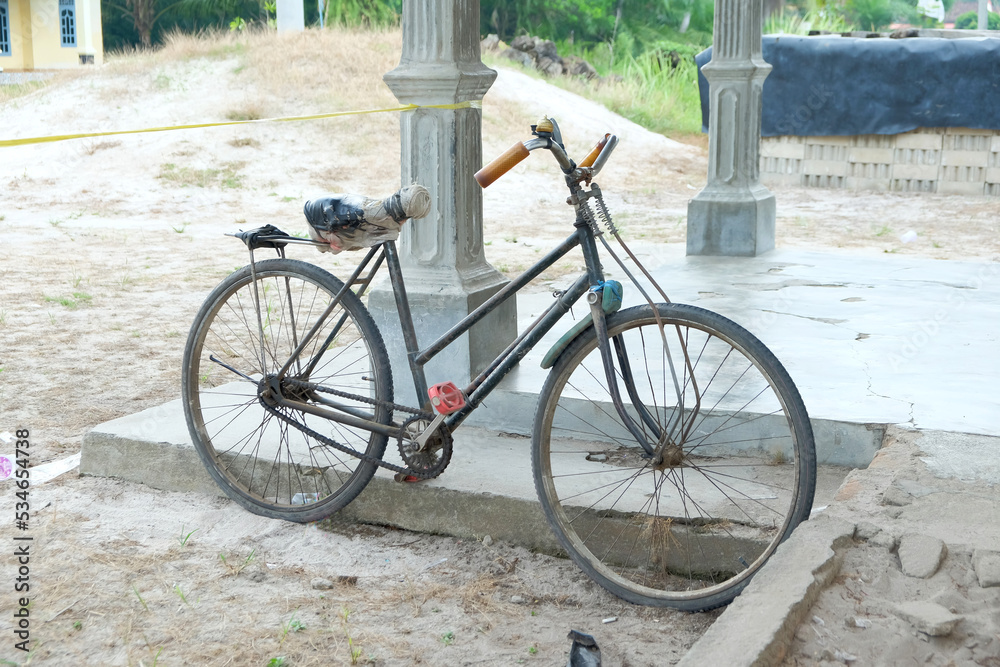 A rusty old bicycle commonly called 'Ontel Bike' is parked in front of the house