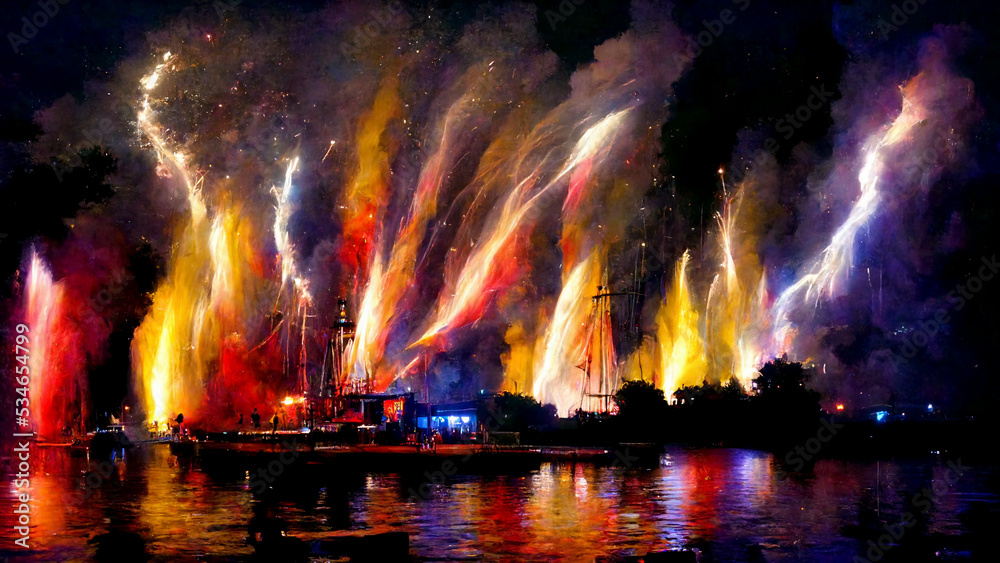 Fireworks over water at night Fireworks over water at night