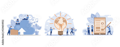 cloud data storage, save energy and planet, little people sign a document, set flat vector modern illustration