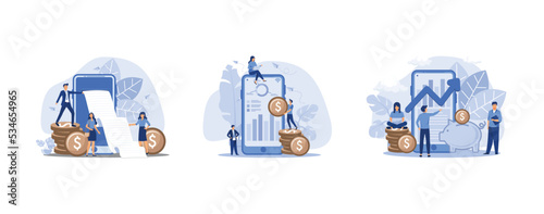 Online payment or mining process, Financial transactions, non-cash payment transactions, a large piggy bank in the form of a piglet and a phone with a schedule, set flat vector modern illustration