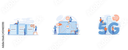 Tiny people data center engineers and administrator working with servers, Businessman at table using laptop with ethernet connection, 5g network, next generation connectivity, modern mobile communicat