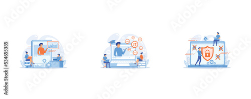 Students watching online training video with teacher and chart on tablet, Online IT courses, best online IT training, online certification courses concept, A man before laptop with shield and lock on 