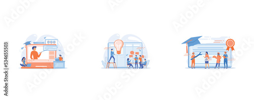 Internet education, remote website development school, Managers workshop, supervisors course, management skills training concept, Vocational specialists graduating and diploma with graduation cap, set