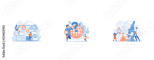 Programmers develop program for platforms, Self management, life coaching, Kids Science camp, young scientists lessons, kids laboratory tests concept, set flat vector modern illustration