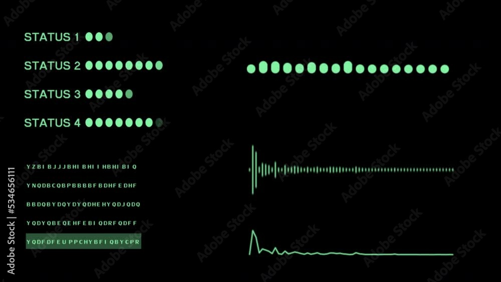 Green 2D digital HUD graphic sound signal indicator and status bar and random text highlighting on black screen - HUD futuristic technology background concept
