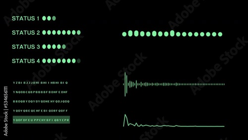 Green 2D digital HUD graphic sound signal indicator and status bar and random text highlighting on black screen - HUD futuristic technology background concept