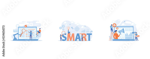 Laptop and software assisting in testing process, tiny people testers, Tiny business people working on goals and sitting on smart word, Tiny people, marketer with megaphone, consumers data analysis, s