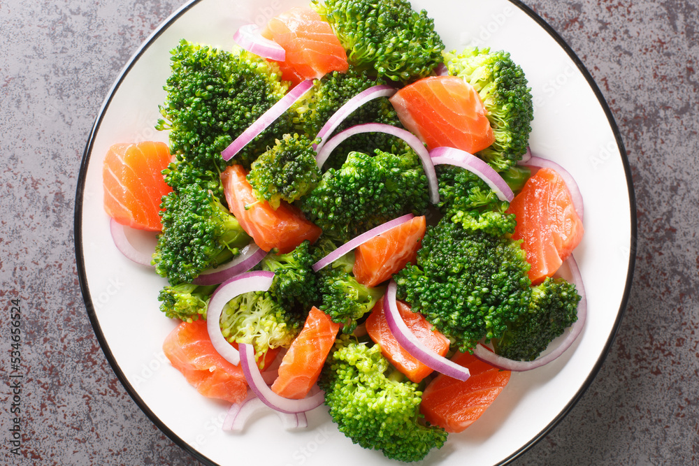 Vitamin salad of steamed broccoli, salted salmon and fresh red onion seasoned with olive oil close-up in a plate on the table. horizontal top view from above Vitamin salad of steamed broccoli, salted salmon and fresh red onion seasoned with olive oil close-up in a plate on the table. horizontal top view from above