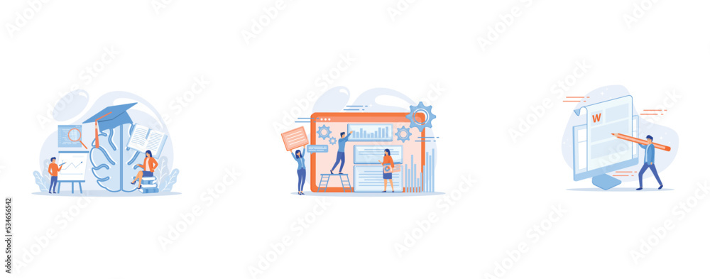Brain with magnigier and academic cap and user learning, Content marketing manager, specialist, analyst work on websites for audience, Creative content writing, set flat vector modern illustration