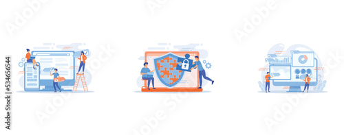 Developers use software on multiple devices, Firewall, network security system and network firewall concept on white background, Digital PR agency increase online presence, set flat vector modern illu