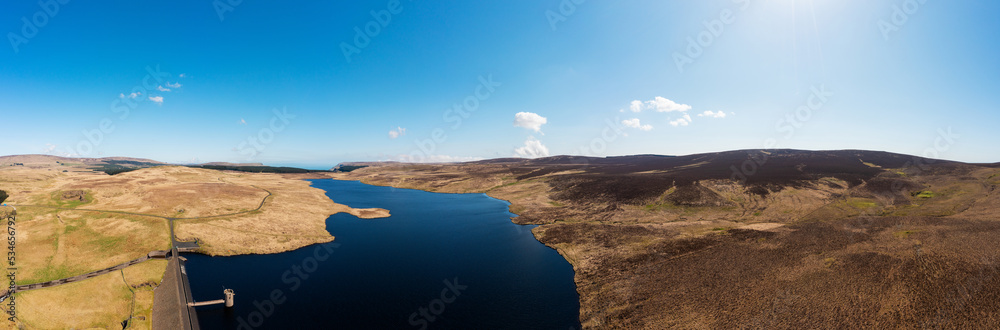 panorama aerial view of reservoir in the countryside of Northern Ireland during Springtime