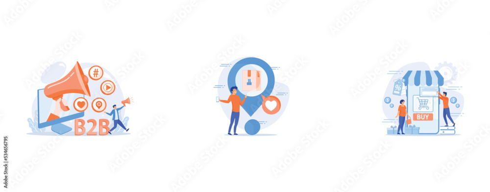 B2B marketing, Online store order, parcel tracking, A couple near huge smartphone with buy icon on the screen make online purchases, set flat vector modern illustration