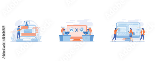 Graphic design video tutorial, Cybersports competition, Website interface development planning, set flat vector modern illustration