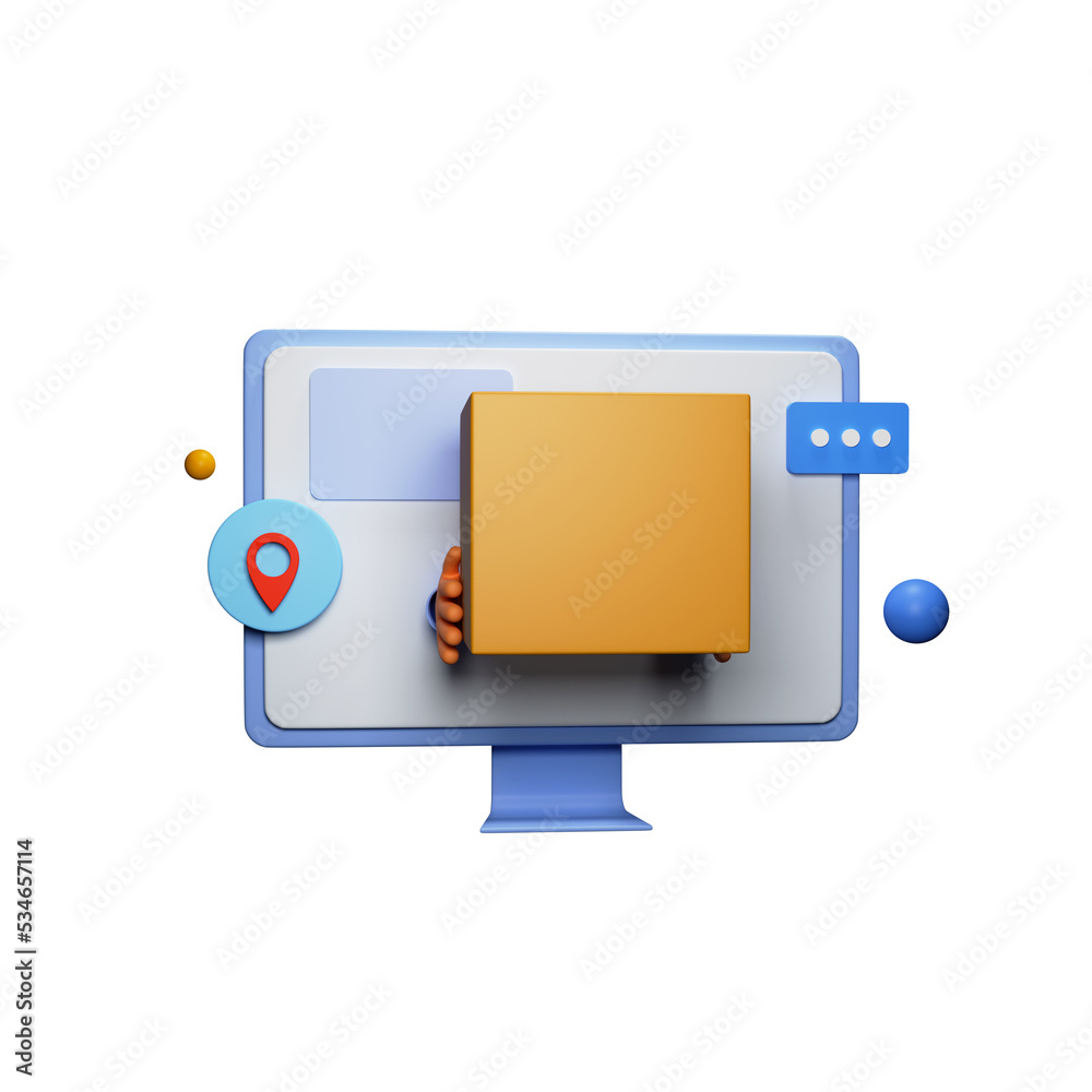 3D Render Of Online Delivery Through Desktop With Parcel, Location Pin On White Background. 3D Render Of Online Delivery Through Desktop With Parcel, Location Pin On White Background.